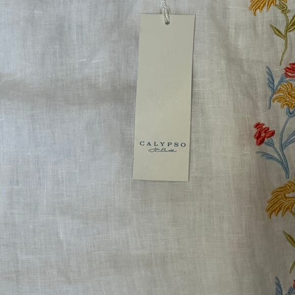 CALYPSO St. Barth Linen Wide Leg Pants White Floral Embroidered Boho Size L - Picture 7 of 8